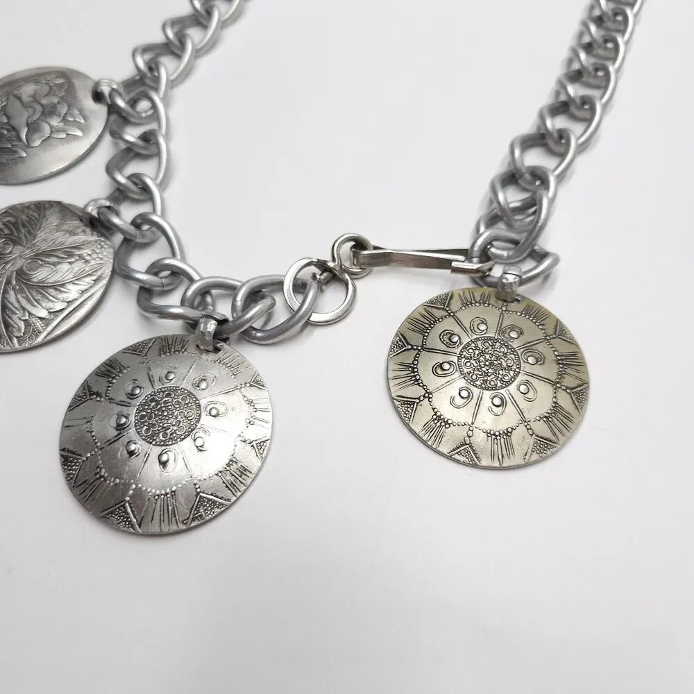 Vintage Aluminum Chain Belt Floral Medallion Fully Adjustable Up To 33
